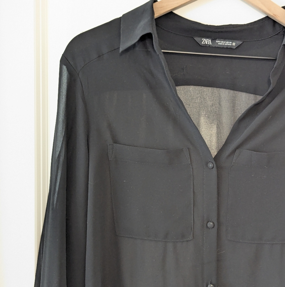 ZARA Sheer Pocket Button Down Blouse Black Size Small - Picture 4 of 5